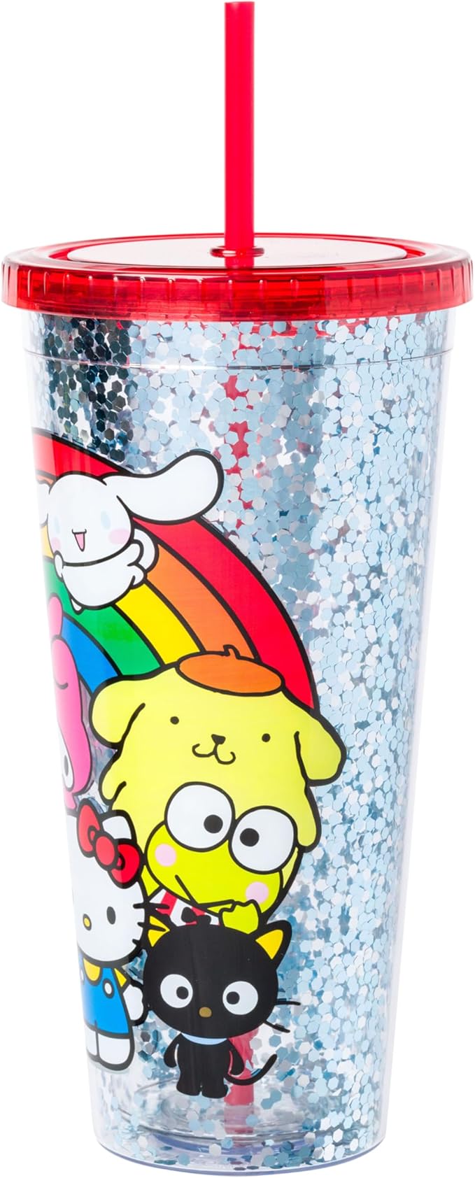 Silver Buffalo Sanrio Hello Kitty and Friends Featuring Cinnamoroll, Badtz-Maru, My Melody, Pompompurin, Tuxedo Sam, and Chococat Rainbow Plastic Confetti Cold Cup with Lid and Straw, 32 Ounces