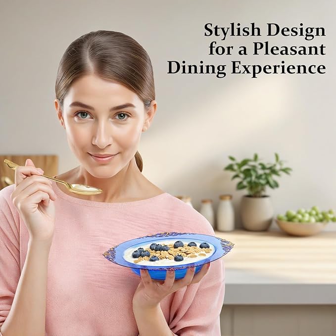 Nervure 50PCS Blue Plastic Bowls with Gold Rim - 12oz Disposable Soup Bowls, Heavy Duty Salad Dessert Bowl Perfect For Weddings, Father's Day and Everyday Use
