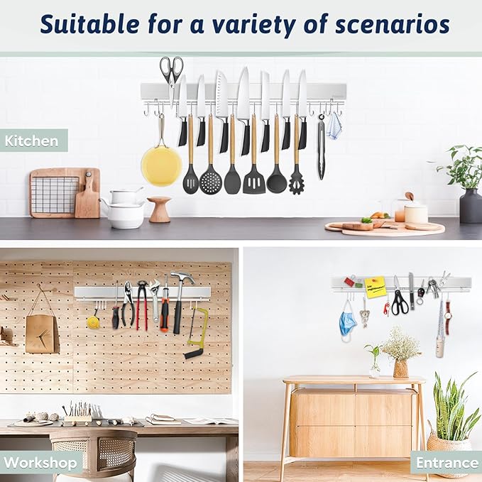 23 Inch Magnetic Knife Holder for Wall - Stainless Steel Magnet Knife Strip No Drill with 15 Hooks/Adhesive Tape/Screws, Kitchen Utensil Holder, Magnetic Knife Organizer, Wall Mounted Knife Storage