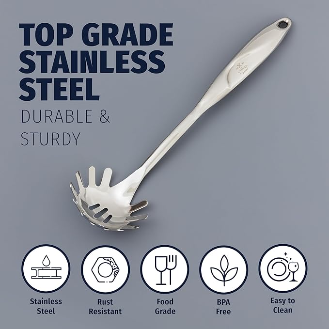 Zulay Kitchen Stainless Steel Spaghetti Server - 12” Pasta Fork with Teeth & Draining Holes - Rust-Resistant Pasta Spoon for Noodles & Pasta - Dishwasher Safe Utensil for Everyday Use
