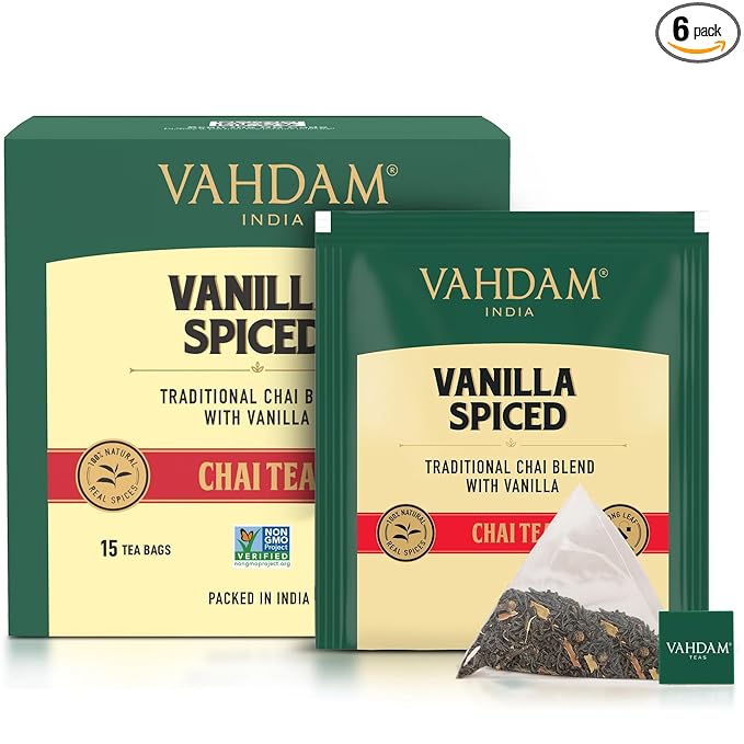 VAHDAM, Vanilla Chai Tea Bags (15 Count) High Caffeine, Non GMO, Gluten Free | Individually Wrapped, Full-bodied & Malty | No Artificial Flavor | Blended w/Vanilla, Cappuccino & Exotic Spices