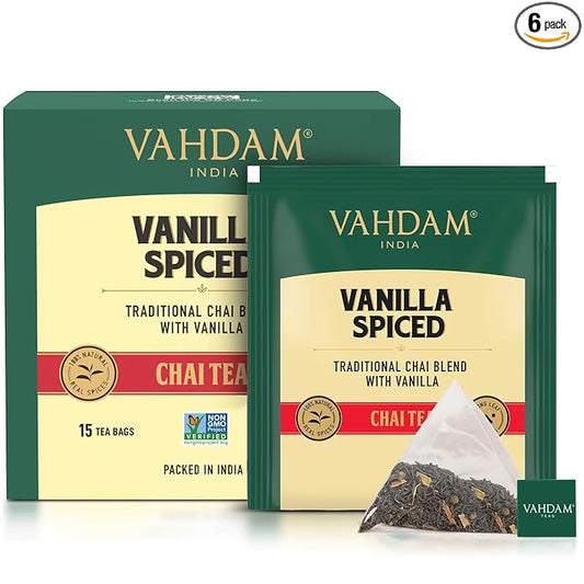 VAHDAM, Vanilla Chai Tea Bags (15 Count) High Caffeine, Non GMO, Gluten Free | Individually Wrapped, Full-bodied & Malty | No Artificial Flavor | Blended w/Vanilla, Cappuccino & Exotic Spices