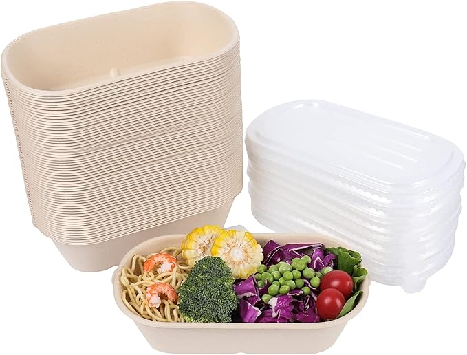 34 oz Disposable salad bowls with lids, Sugarcane Fiber Paper Bowls take away food containers meal prep food storage deli container 50 Pack