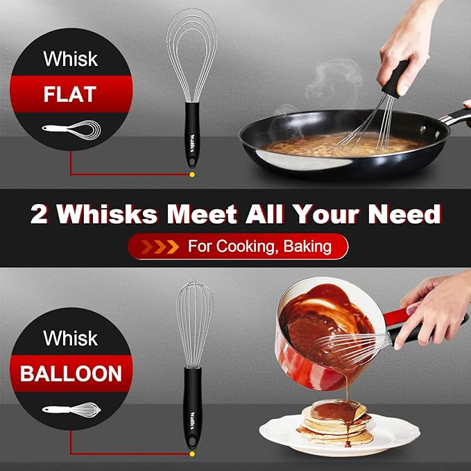 Walfos Whisk,Whisks for cooking set, 304 Stainless steel Whisks,Heat Resistant 600°F.Perfect for Blending Beating Stirring - 11inFlat Whisk and 7+9+11in Balloon Whisk