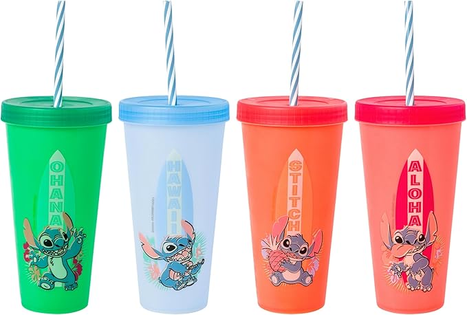 Silver Buffalo Disney Lilo and Stitch 4 Pack Color Changing Plastic Tumbler Set Featuring Stitch, 24 Ounces (Pack of 12)