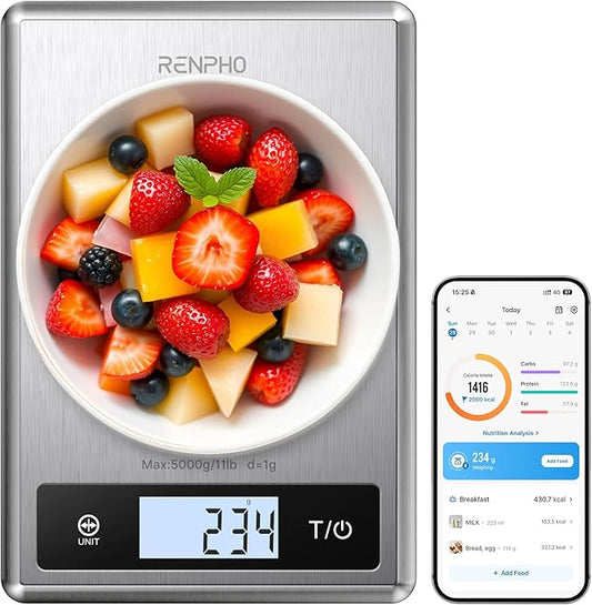 RENPHO Digital Food Scale with Nutritional Calculator, Smart Food Kitchen Scale, Food Weight Scale Grams and Ounces for Weight Loss, Calorie, Macro and Cooking, Stainless Steel