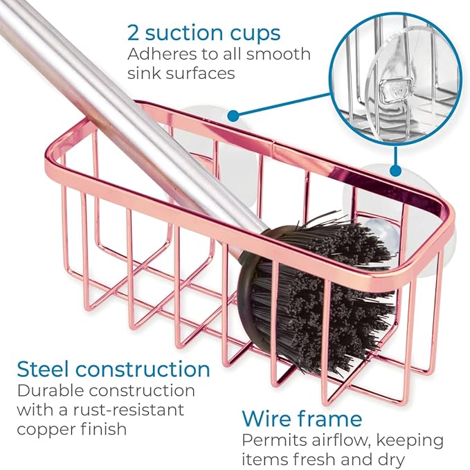IDesign Stainless Steel Sponge Holder for Kitchen Sink with Suction Cups, The Gia Collection - 6.75" x 2.5" x 2.5", Copper