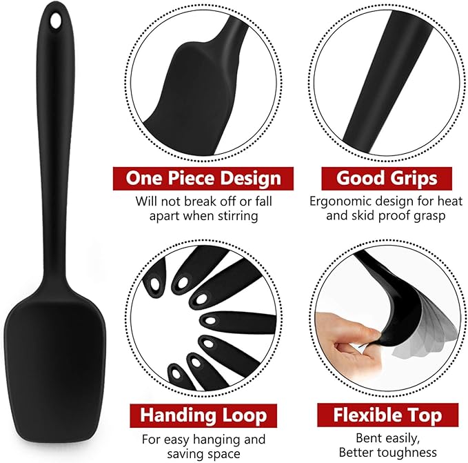 Silicone Spatula Set of 7, P&P CHEF Heat-Resistant Rubber Spatulas Kitchen Utensils Set for Non-stick Cooking Baking Mixing, Seamless & Flexible Design, Dishwasher Safe, Black