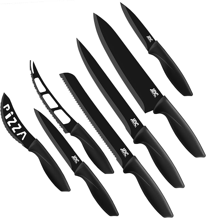 LDC Kitchen Black Knife Set - Stainless Steel, Dishwasher Safe Ergonomic Knives Set with Anti-Slip Handles - Ultra-Sharp Blades - Kitchen Essential Knives - 7 Piece Set