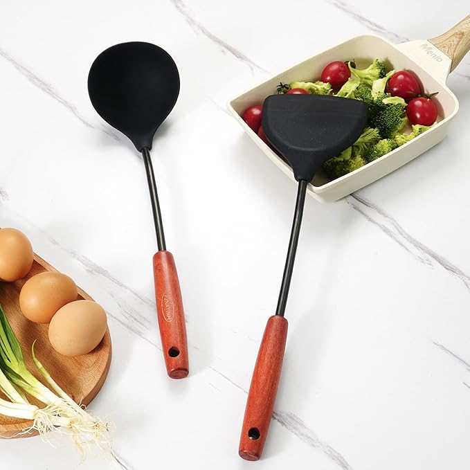 FJNATINH Silicone Wok Spatula and Ladle Tool Set,Non Stick Heat-Resistant Stainless Steel Cooking Utensils BPA Free Kitchen Utensils Cookware, Pack of 2,Black