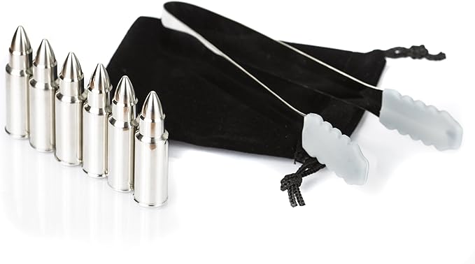 Bullet Whiskey Chillers Stones - Whiskey Rocks by The Wine Savant Set of 6 - Stainless Steel Bullet Shaped Ice Cubes, Gift Box Come, Tongs and Storage Bag, Whiskey or Scotch Rocks (Silver)