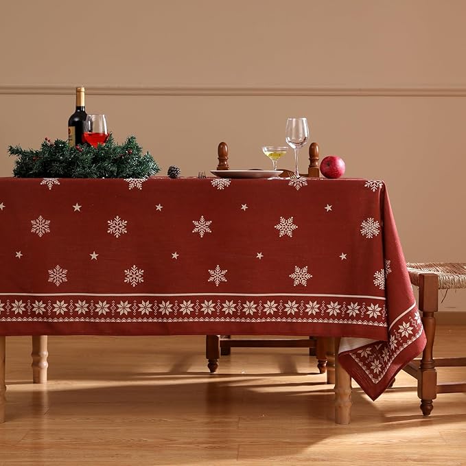 ISAENNE Designer Christmas Red Long Tablecloth Rectangular,Linen Table Cloth with Snowflakes Pattern,Wrinkle Resistant Decor Tablecloths for Dining Kitchen Thanksgiving Christmas,63"*94"-Carol C