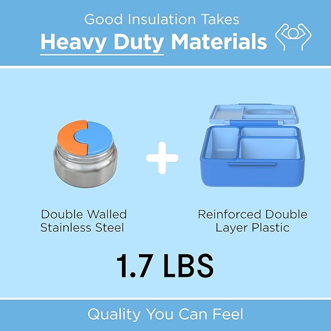OmieBox Bento Box for Kids - Insulated Bento Lunch Box with Leak Proof Vacuum Insulated Food Jar - 3 Compartments, Two Temperature Zones (Blue Sky)