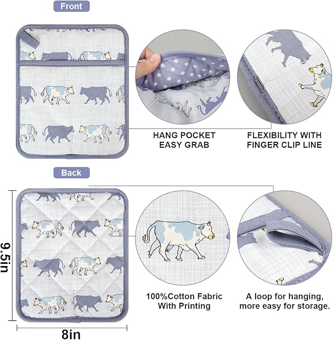 Pot Holders Set of 2 Heat Resistant 480℉ Kitchen 100% Cotton Comfortable Lining Printing Fox Flower Women Men Home Cooking Baking Microwave BBQ Gift (Cow potholder)