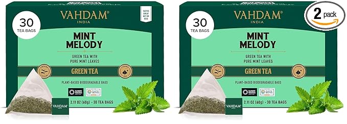 VAHDAM, Mint Green Tea Bags (30 Count) 100% Pure Leaf Tea, High Grown, Low Caffeine, Non GMO, Gluten Free | Individually Wrapped Plant-Based Pyramid Tea Bags | Direct from Source (Pack of 2)