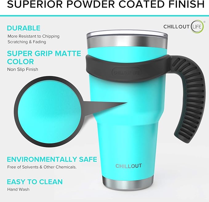 Stainless Steel Travel Mug with Handle 30 oz – 6 Piece Set. Tumbler with Handle, Straw, Cleaning Brush & 2 Lids. Double Wall Insulated Large Coffee Mug Bundle - Aqua Blue Powder Coated Tumbler