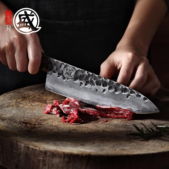 MITSUMOTO SAKARI 8 inch Gyuto Chef Knife, Japanese Hand Forged Kitchen Chef's Knives, 3-Layer 9CR18MOV High Carbon Steel, Rosewood Handle & Sandalwood Box