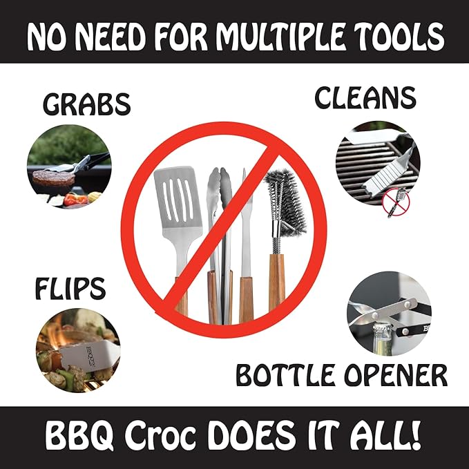 BBQCroc 3-in-1 Barbecue Tool 21-inch - Extra Light and Xtra Long Tongs, Spatula and Grill Scraper (Black)