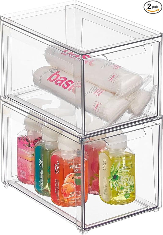mDesign Plastic Stackable Bathroom Storage with Pull Out Bin Organizer Drawer for Cabinet, Vanity, Shelf, Cupboard, Cabinet, or Closet Organization - Lumiere Collection - 2 Pack - Clear