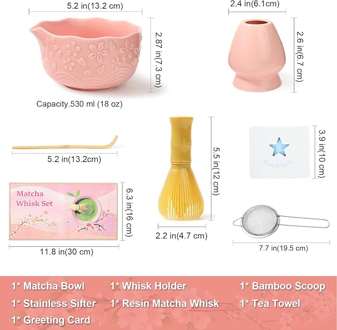 6pcs Matcha Whisk Set Includes Resin Matcha Whisk,Ceramic Matcha Bowl Set and Sifter,Matcha Whisks Holder,Natural Bamboo Spoon and Tea Towel for Matcha Starter Kit Lovers (Pink)