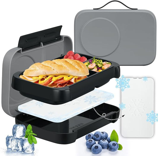 Bento Box for Kids,Kids Bento Lunch Box with Built-in Ice Pack for School,3 Compartments Leak Proof Lunch Container with Utensils for Girl Boy;BPA Free,Microwave & Dishwasher Safe, 44oz(Black)