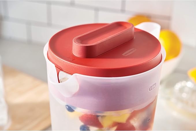 Rubbermaid 2-Piece Pitcher Set with 3 Position Pour Spout Lid for Water, Tea, and Drinks, Dishwasher Safe, 1-Gallon, Clear/Red