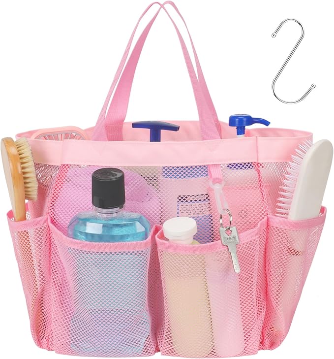 F-color Mesh Shower Caddy Portable, Upgrade Deeper 7 Pockets Shower Bag Basket Tote for College Dorm Room Toiletry Bathroom Essentials Gym Camp Quick Dry 2 handles with S Hook, Pink
