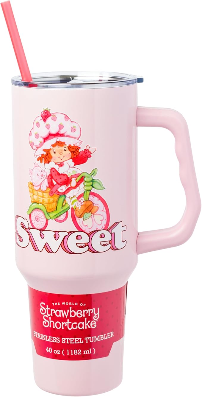 Silver Buffalo Strawberry Shortcake and Custard “Sweet” Stainless Steel Tumbler with Handle, Fits in Standard Cup Holder, 40 Ounces