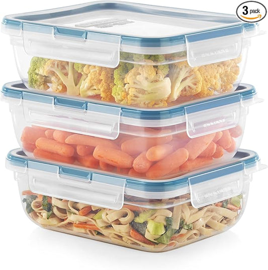 Snapware Total Solution 3-Pack (8.5-Cup) Plastic Food Storage Containers Set, Leakproof & Airtight Locking Lids Rectangular Tupperware, Non-Toxic BPA-Free Lids, Microwave Dishwasher Freezer Safe