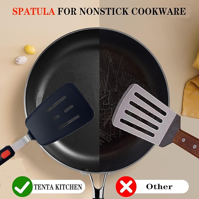 Silicone Spatula Set of 2 for Nonstick Cookware,Tenta Tenta Kitchen Slotted Angle Round Pancake Spatulas 600°F Heat Resistant Classic Rubber Spatula Set For Cooking-Grey/Black