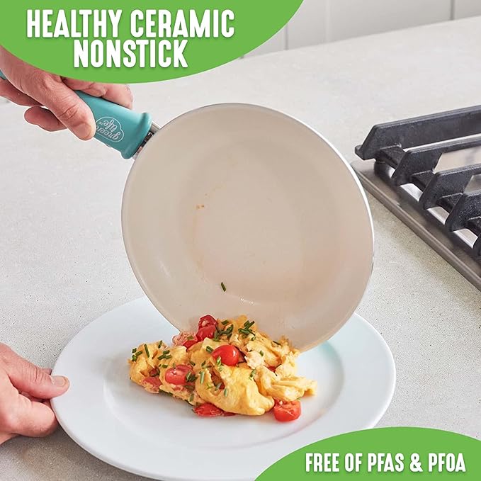 GreenLife Nonstick 8" Frying Pan Skillet, Non-Toxic PFAS-Free Ceramic Nonstick, Dishwasher & Oven Safe, Stay-Cool Handles, Wobble Free, Turquoise