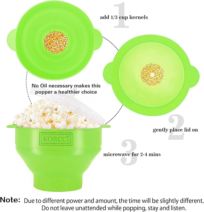 The Original Korcci Microwaveable Silicone Popcorn Popper, BPA Free Microwave Popcorn Popper, Collapsible Microwave Popcorn Maker Bowl, Dishwasher Safe - Green