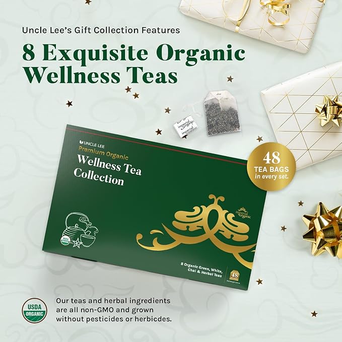 Uncle Lee’s Organic Tea Variety Gift Set – Wellness Collection with 8 Teas (6 Bags Each) in a Premium Gift Box, 3.3 Oz (48 Tea Bags)