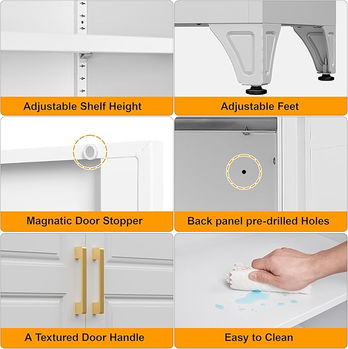 Kitchen Pantry Storage Cabinets, 75" Tall Metal Storage Cabinet with Doors and 4 Shelves, White Pantry Cabinet, Utility Kitchen Cupboard, Large Steel Cabinets for Dining, Office, Living Room