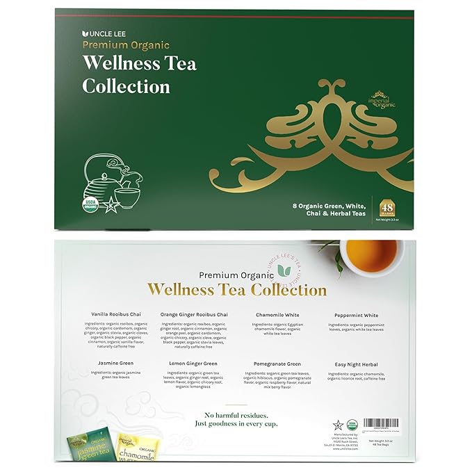 Uncle Lee’s Organic Tea Variety Gift Set – Wellness Collection with 8 Teas (6 Bags Each) in a Premium Gift Box, 3.3 Oz (48 Tea Bags)