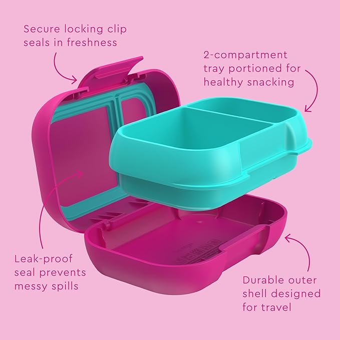 Bentgo Kids Snack - 2 Compartment Leak-Proof Bento Box Container for Snacks and Small Meals, Easy-Open Latch, Dishwasher Safe, BPA-Free for School, Daycare, & Sports - Ideal for Ages 3+ (Fuchsia/Teal)