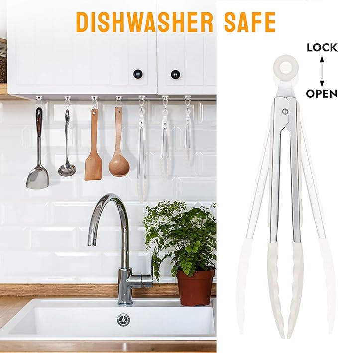 HOTEC Premium Stainless Steel Locking Kitchen Tongs with Silicon Tips, Set of 2-9" and 12",Khaki