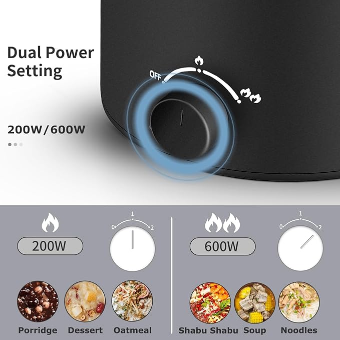 Topwit Hot Pot Electric with Steamer, 1.6L Ramen Cooker, Electric Pot for Pasta, Shabu-Shabu, Oatmeal, Soup and Egg, Portable Cooker with Dual Power Control, Dorm Room Essentials, Black