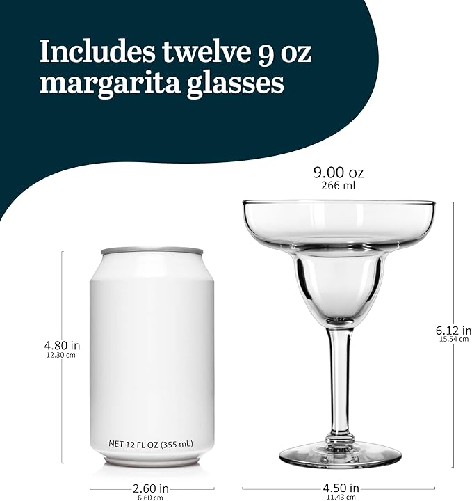 Libbey Margarita Party Glasses Set of 12, Durable Large Margarita Glass, 9 Oz Dishwasher Safe Stemmed Drinking Glasses Gift for Weddings, Parties and More