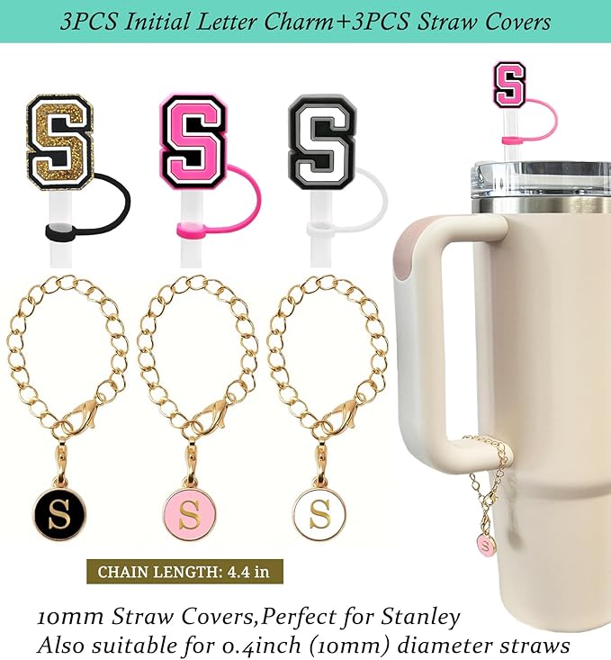 （3 +3) 3PCS Nuozme Straw Cover 10mm For Stanley Tumbler Cup Reusable Straw Cap Topper with 3 Initial Letter Charms Accessories Name ID Personalized Handle Charm For Stanley 30&40 Oz Cup Tumbler