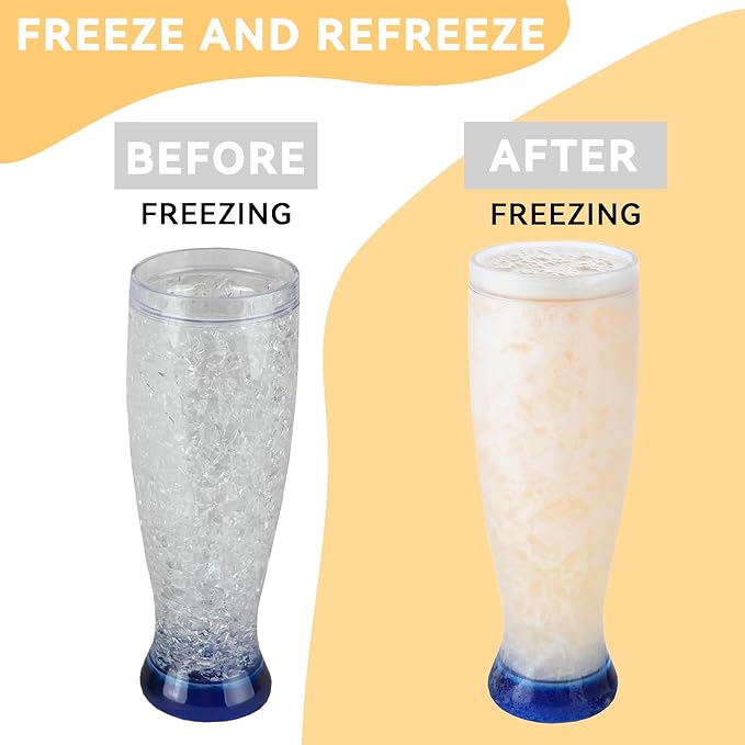 Lily's Home 16 oz Set of 4 Freezer Beer Mugs, Double Wall, Insulated with Liquid Gel Plastic Freezable Glasses, Glass for Freezer, Chiller Frosty Cup,for party