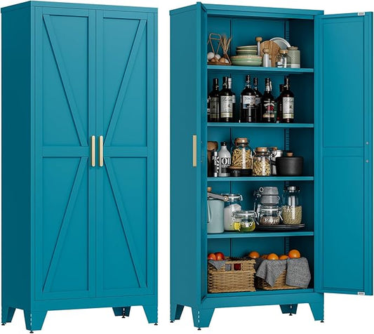 71" Tall Metal Storage Cabinet with 2 Doors and 4 Adjustable Shelves, 5-Tier Kitchen Pantry Storage Cabinet for Kitchen, Living Room, Dining Room and Office, Blue