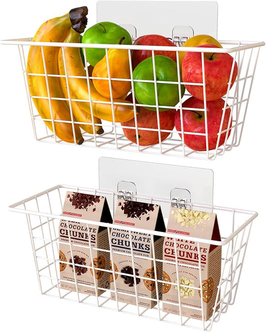 MaraFansie Wall Wire Baskets Bin No Drilling Adhesive Hanging Baskets Wall Mounted for Cabinet & Pantry Organization and Kitchen, Bathroom, Bedroom Storage, 2 Pack, White