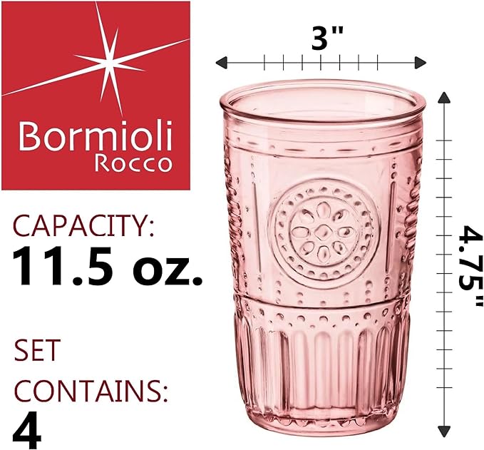 Bormioli Rocco Romantic Set Of 4 Tumbler Glasses, 11.5 Oz. Colored Crystal Glass, Cotton Candy Pink, Made In Italy.