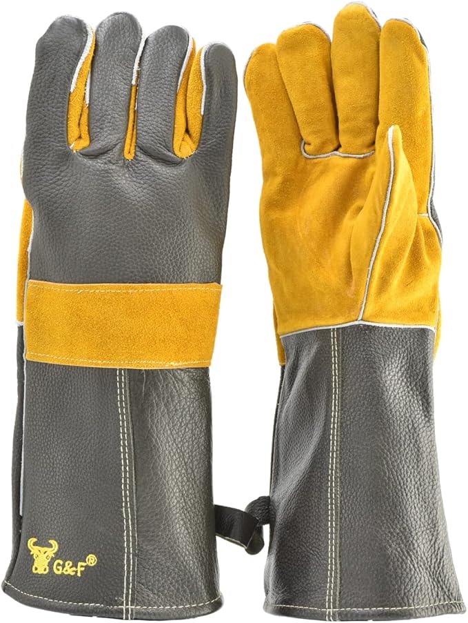 G & F Products Premium Leather Heat-Resistant Gloves – BBQ, Fireplace – Puncture, Cut, and Fire Protection with Cotton Lining and Kevlar Stitch – Durable Suede and Cowhide Leather