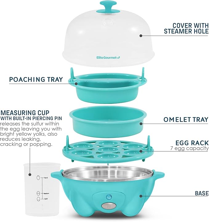 Elite Gourmet EGC-007T# Rapid Egg Cooker, 7 Easy-To-Peel, Hard, Medium, Soft Boiled Eggs, Poacher, Omelet Maker, Auto Shut-Off, Alarm, 16-Recipe Booklet, Teal