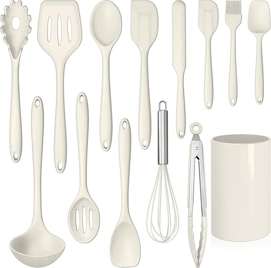 LIANYU 14 Pcs Kitchen Utensils Set with Holder, Silicone Cooking Utensils Spatula Set, Heat Resistant Cookware Tools Includes Spoon Turner Whisk Tong, Dishwasher safe, Cream White
