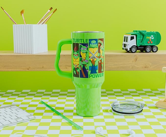 Silver Buffalo Teenage Mutant Ninja Turtles Turtle Power Stainless Steel Tumbler with Handle Featuring Leonardo, Donatello, Raphael, and Michelangelo, Fits in Standard Cup Holder, 40 Ounces