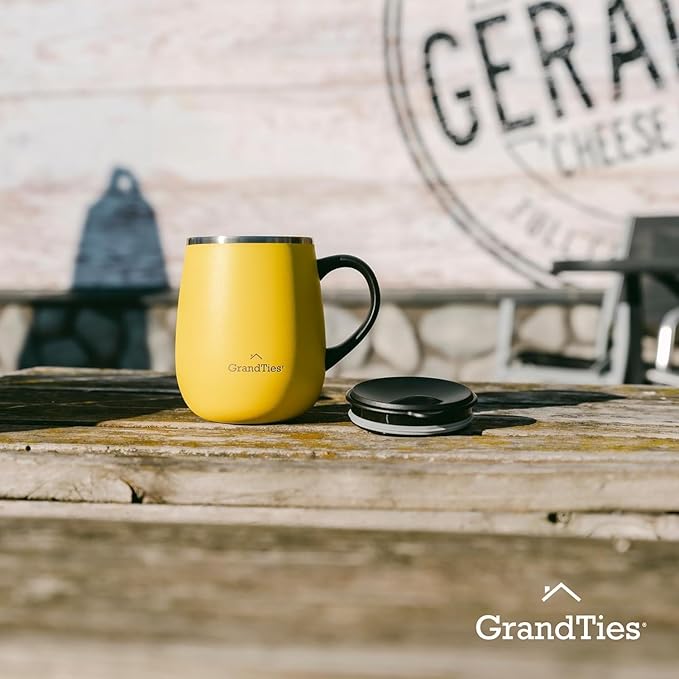 GRANDTIES Insulated Coffee Mug with Handle - Sliding Lid for Splash-Proof 16oz Wine-Glass Shape Thermal Tumbler with Double Walled Vacuum Stainless Steel to Keeps Beverages Hot or Cold-Lemon