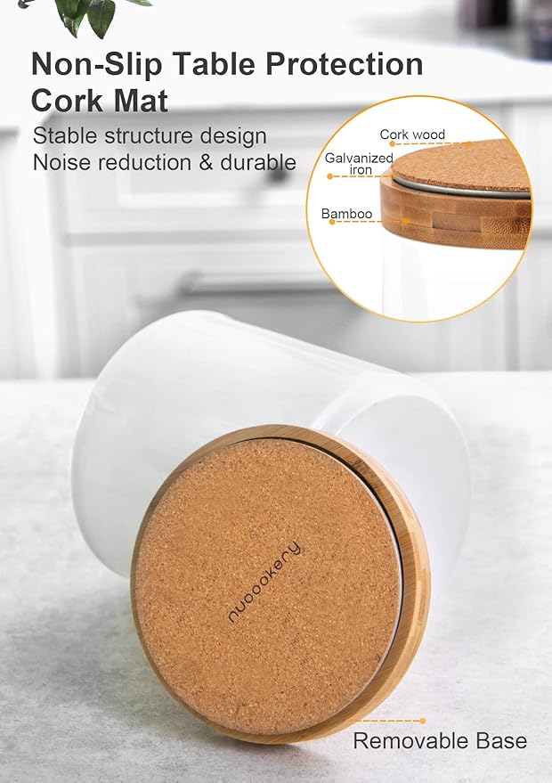 Nucookery 360° Rotating Utensil Holder, 7.2" Large Utensil Crock, White Ceramic Cooking Utensil Organizer with Countertop-Protection Cork Bottom for Farmhouse Kitchen Decor Christmas Gift (White)
